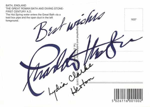 Charlton Heston Signed Postcard along with Wife Lydia